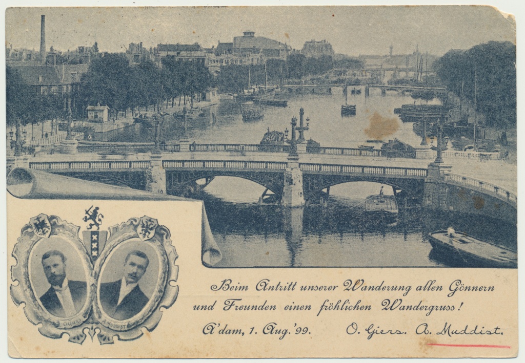 trükipostkaart, Holland, 2 jalgrattal ümbermaailmasõitjat, A. Muddist ja O. Giers, 01.08.1899