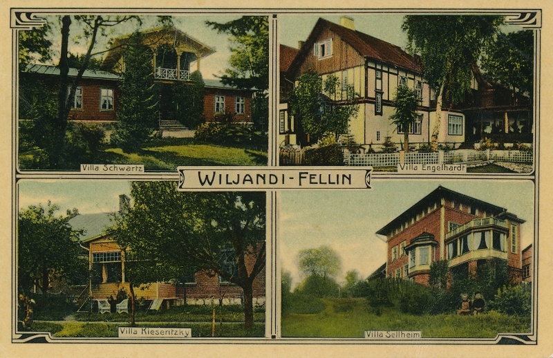 foto, Viljandi, 4 villat: Schwartz Tallinna tn 11a, Engelhardt Lutsu tn 5, Kieseritzky Eha tn 4, Sellheim Trepimägi 1, u 1910, kirjastaja H. Leoke, koloreeritud