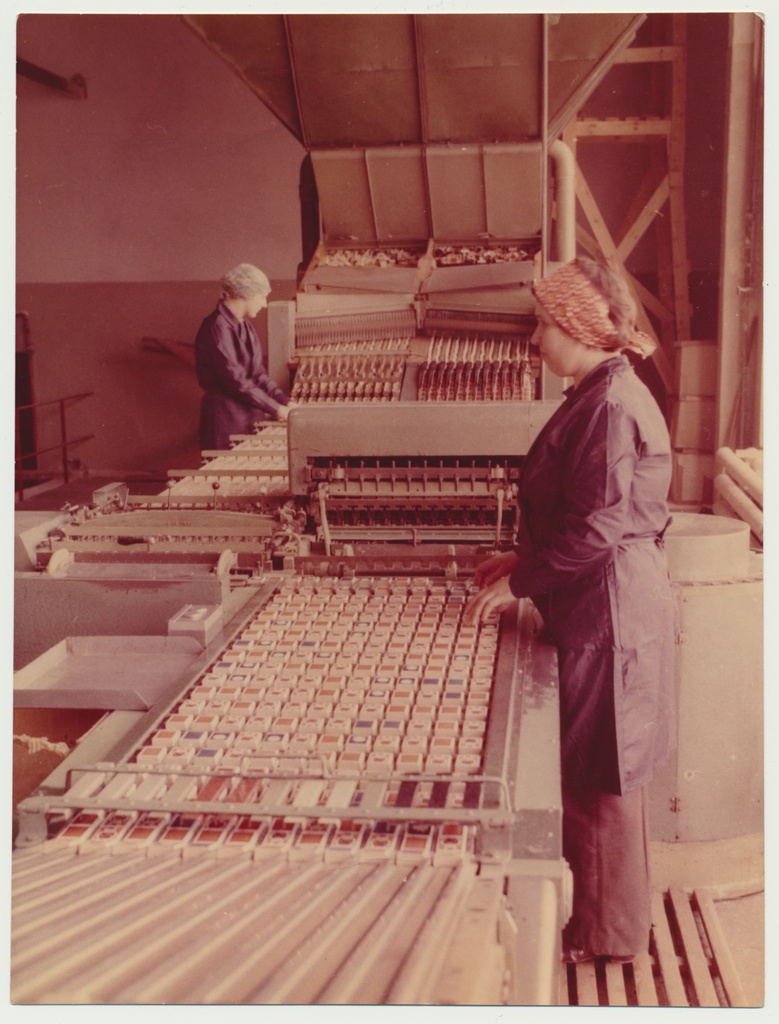 värvifoto, Viljandi Metsakombinaat, tuletikutsehh, toosi täitmise liin, u 1983