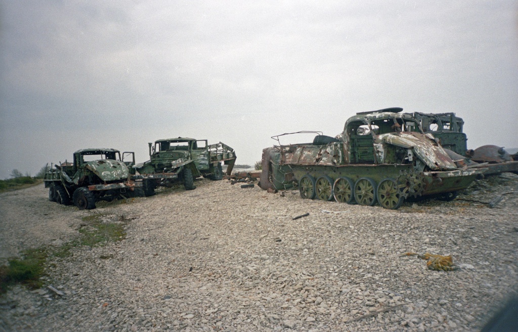 Outdoor works on Pakril, old Russian army trucks