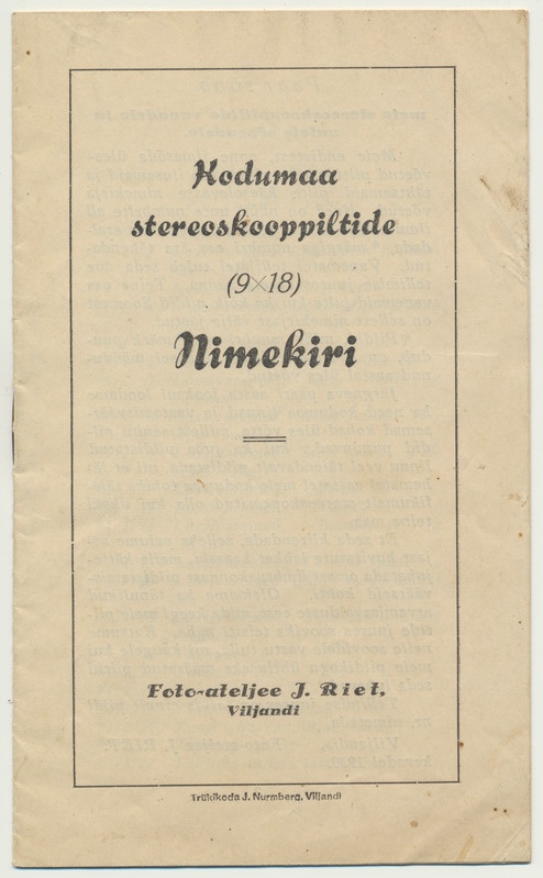 brošüür Kodumaa stereoskooppiltide nimekiri, fotoateljee J.Riet, Viljandi, 1930, 321 stereofoto't (stereopildid)