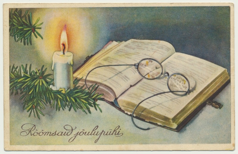 piltpostkaart, jõulukaart Rõõmsaid jõulupühi! Piibel, prillid, küünal, u 1930?