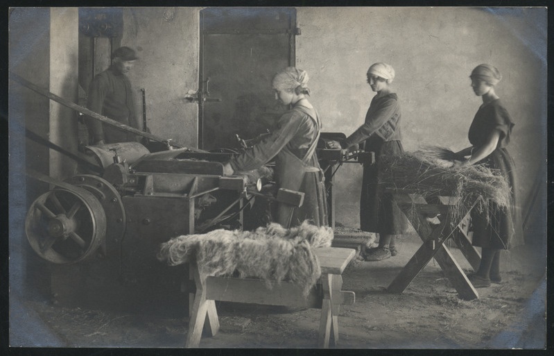 fotopostkaart, Halliste khk, Abja Linavabrik, sisevaade, linavarte ropsimine?, u 1924