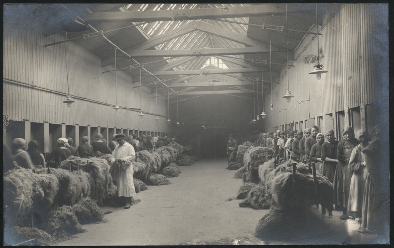 fotopostkaart, Halliste khk, Abja Linavabrik, sisevaade, linaketramisruum, u 1924