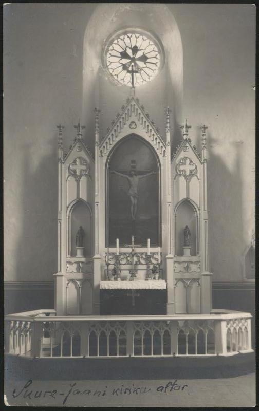 fotopostkaart, Suure-Jaani khk, Suure-Jaani, kirik, sisevaade, altar, u 1935, foto O. Mägi
