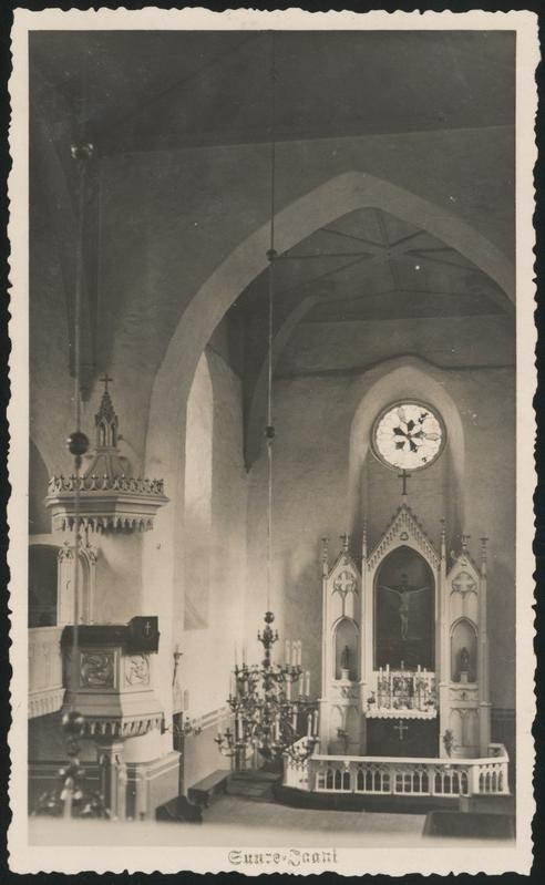 fotopostkaart, Suure-Jaani khk, Suure-Jaani, kirik, sisevaade, altar, aprill 1938, foto A. Veidner