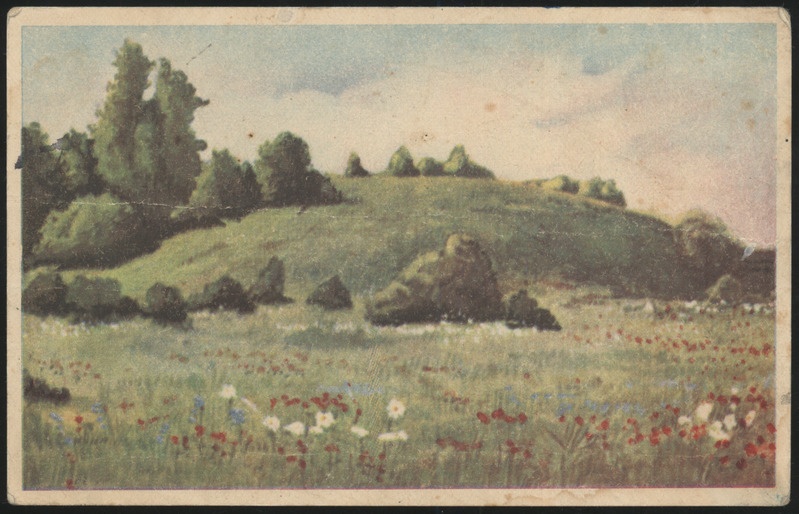 fotopostkaart, Suure-Jaani khk, Lõhavere linnamägi, akvarell? koloreeritud?, u 1935