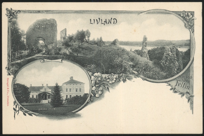 trükipostkaart, Viljandi, 2 vaadet, mõisahoone, lossivaremed, u 1898