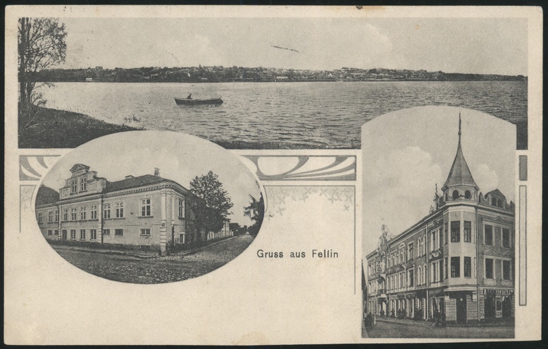 trükipostkaart, Viljandi, 3 vaadet, aadli preilide pansionaat Stift, järv ja linn, E. Pohli maja, Verlag E. Ring (Fellin), postitempel 03.03.1910