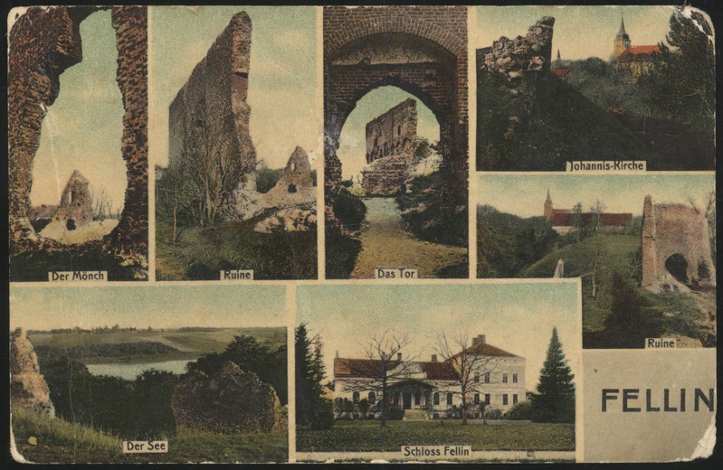 trükipostkaart, Viljandi, 7 vaadet, lossivaremed, järv, Jaani kiriku, mõisahoone, koloreeritud, u 1911, Verlag E. Ring (Fellin)