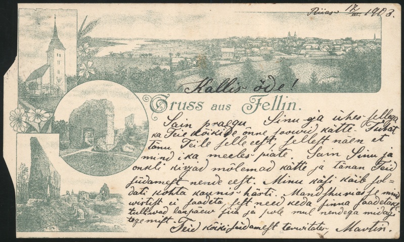 trükipostkaart, Viljandi, 4 vaadet, lossivaremed, Jaani kirik, linn, u 1900