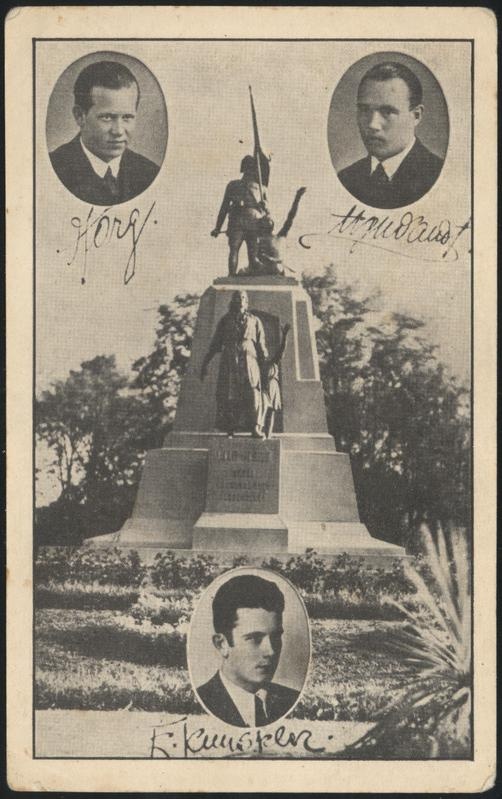 trükipostkaart, Viljandi, Vabadussõja mälestussammas, 3 meest ümber Euroopa õppereisi ettevõtjad: F. Jehpe, A. Agudant, E. Kuuskler, 1933