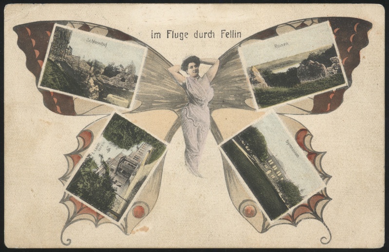 trükipostkaart, Viljandi, 4 vaadet, maagümnaasium, haridusseltsi gümnaasium, lossivaremed, liblika tiibadel, koloreeritud, u 1909