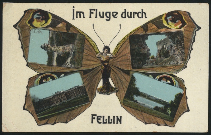 trükipostkaart, Viljandi, 4 vaadet, maagümnaasium, järv, lossivaremed, liblika tiibadel, koloreeritud, u 1910, Verlag E. Ring (fellin)