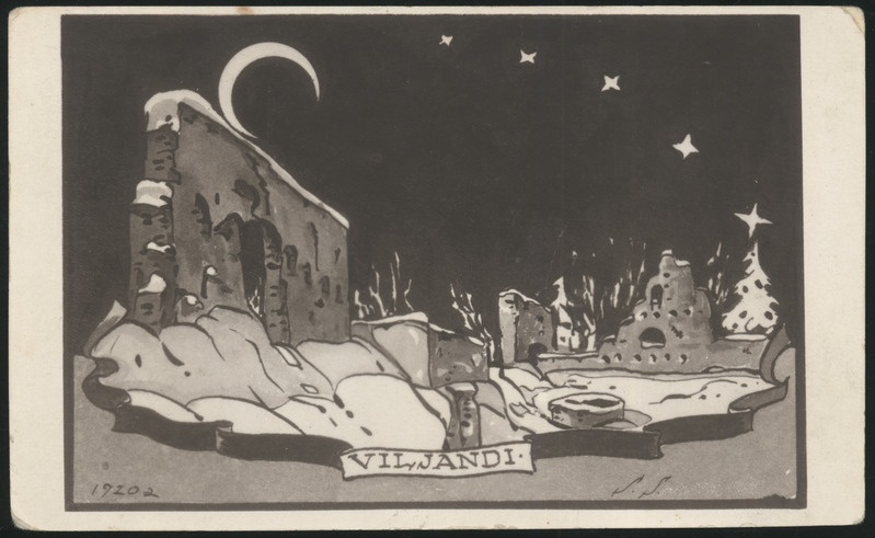 fotopostkaart, Viljandi, joonistus, kuu, tähed, kaevumägi, u 1925 fotografia Parikas