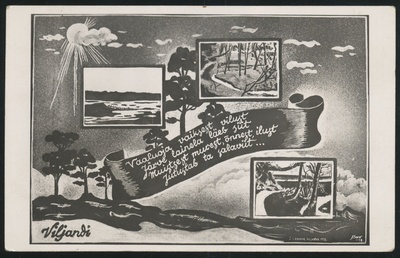 fotopostkaart, Viljandi, 3 joonistatud vaadet, järv, Valuoja, 1938, kirjastaja J. Leoke (Viljandi)  duplicate photo