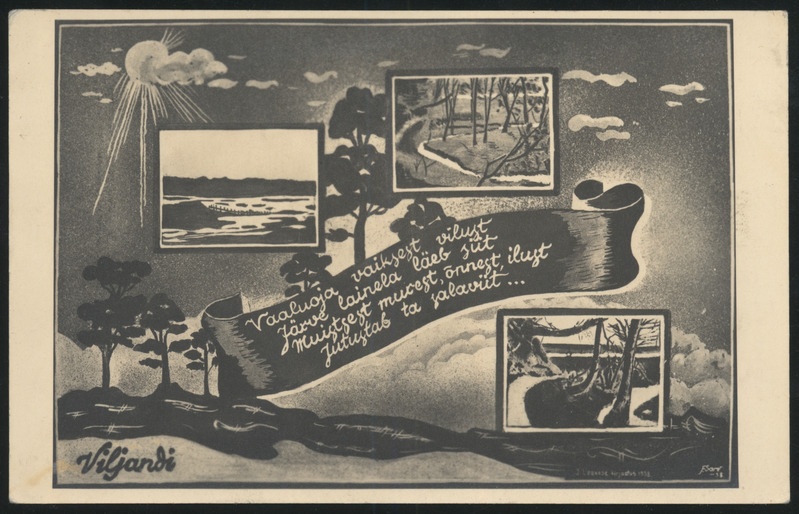 fotopostkaart, Viljandi, 3 joonistatud vaadet, järv, Valuoja, 1938, Jaan Leokese kirjastus (Viljandi)