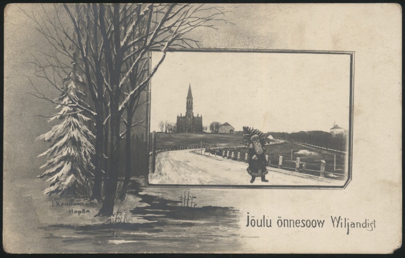 fotopostkaart, jõulud, Viljandi, puud, jõuluvana, Valuoja org, u 1915, foto J. Christin (Narva)