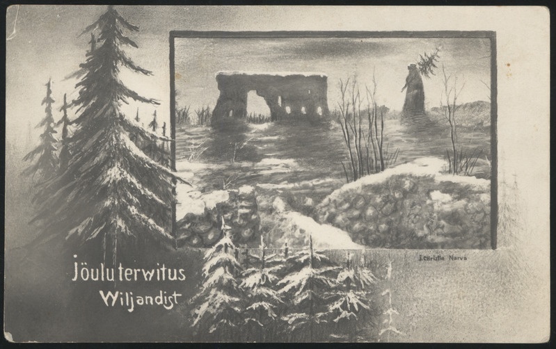 fotopostkaart, jõulukaart, Viljandi, lumised kuused, Kaevumägi fotol, u 1915, foto J. Christin (Narva)