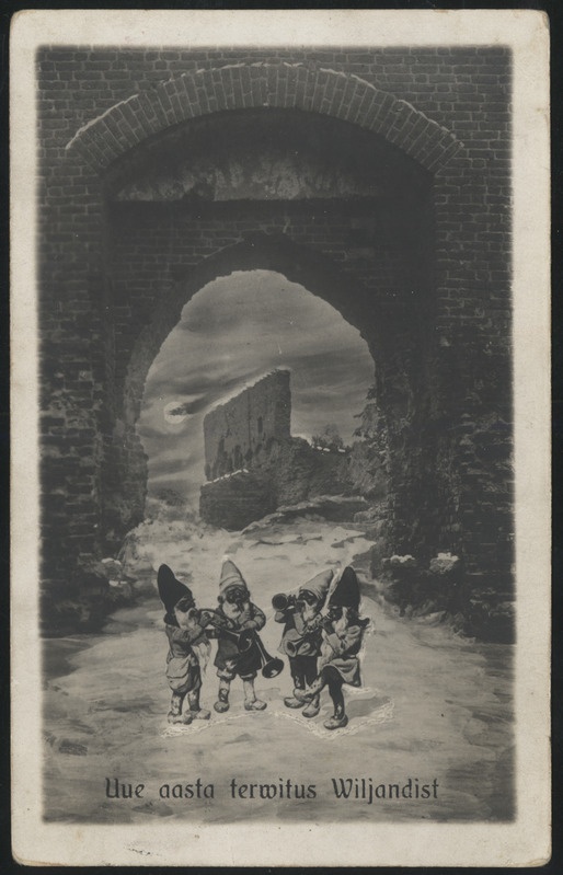 fotopostkaart, uusaastakaart, Viljandi, päkapikud, lossivärav, Suurmüür, u 1914