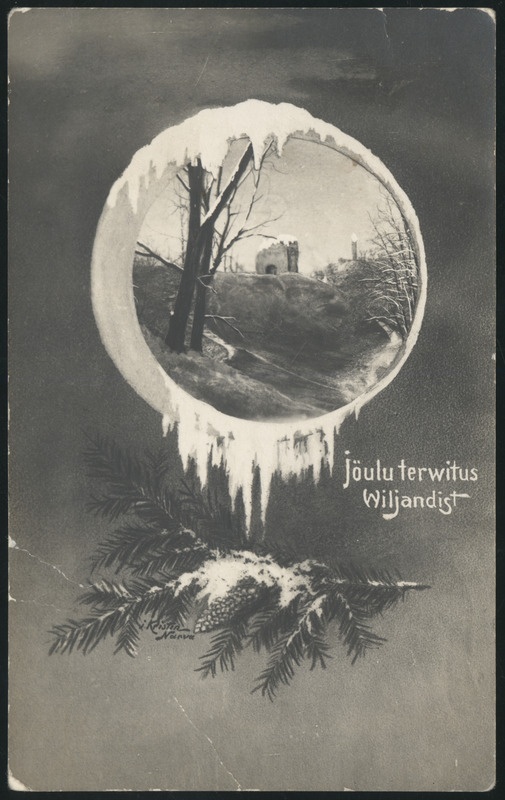 fotopostkaart, jõulukaart, Viljandi, kuuseoks, Kaevumägi fotol, u 1920