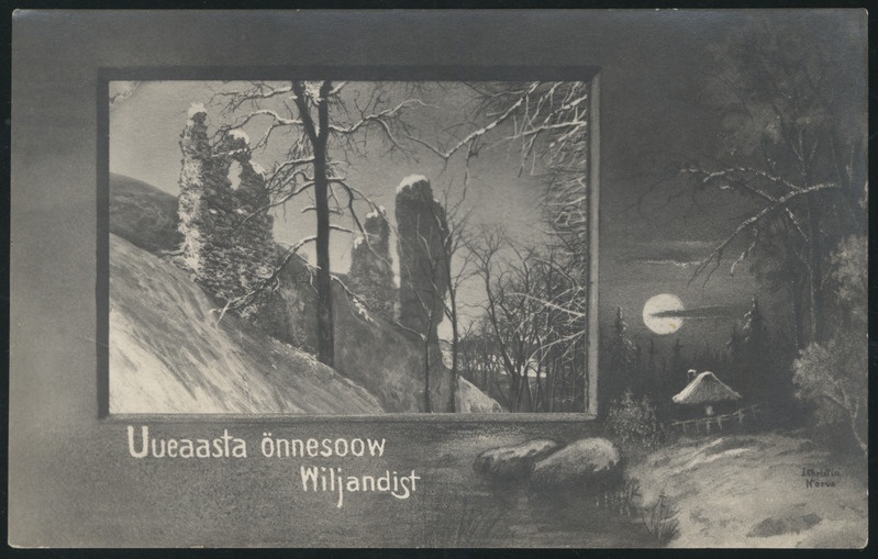 fotopostkaart, uueaastakaart, Viljandi, metsamaja, Kaevumäe nõlv fotol, järv, u 1915, foto J. Christin (narva)