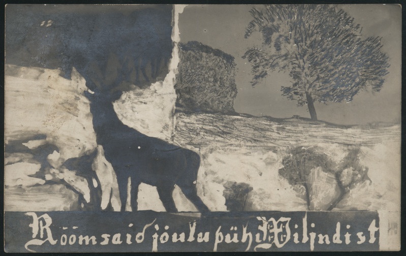fotopostkaart, jõulukaart, Viljandi, talvemaastik, hirv, lossivaremed joonistusena, u 1920