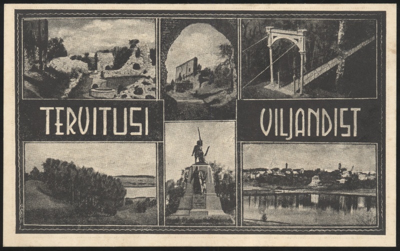 trükipostkaart, Viljandi, 6 vaadet, vabadusesammas, rippsild, järv, lossivaremed, u 1938