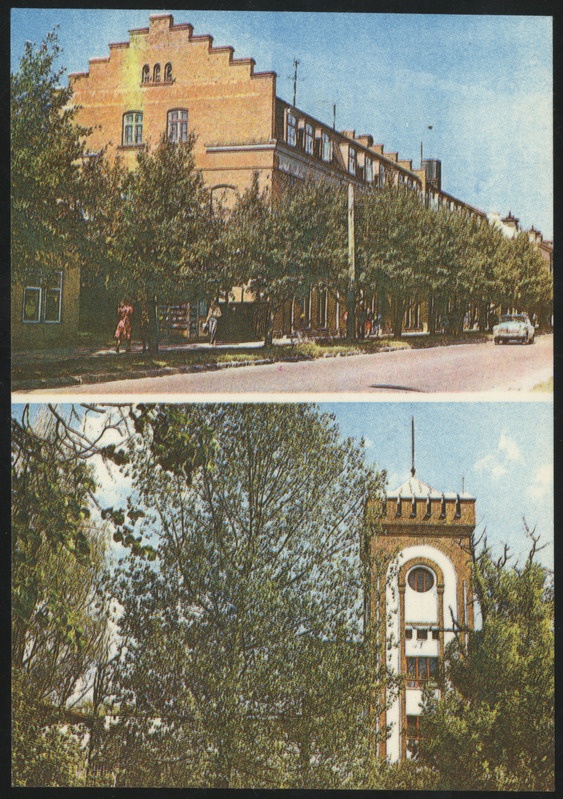 fotopostkaart, Viljandi, 2 vaadet, kaubamaja, tikuvabriku torn, värviline, 1982, foto A. Mäemets, Eesti Raamat