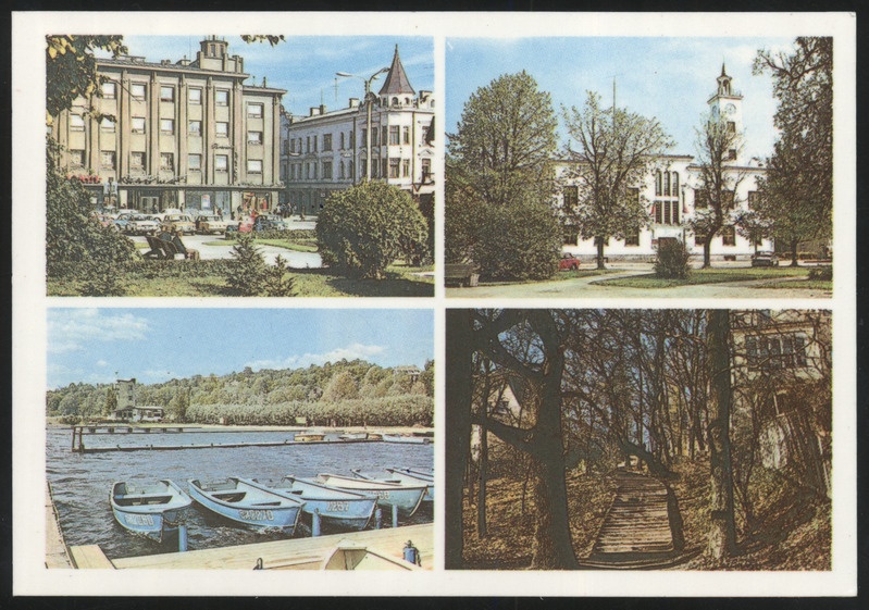 fotopostkaart, Viljandi, 4 vaadet, Keskväljak, järv, raekoda, Trepimägi, värviline, 1981, foto A. Mäemets, Eesti Raamat