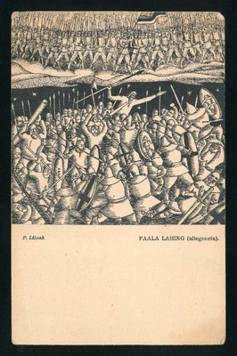 trükipostkaart, Madisepäeva (Paala) lahing 21.09.1217, ristirüütlid, eesti sõjamehed, graafik Paul Liivak, Riigi trükikoda, postitempel 02.01.1927  duplicate photo