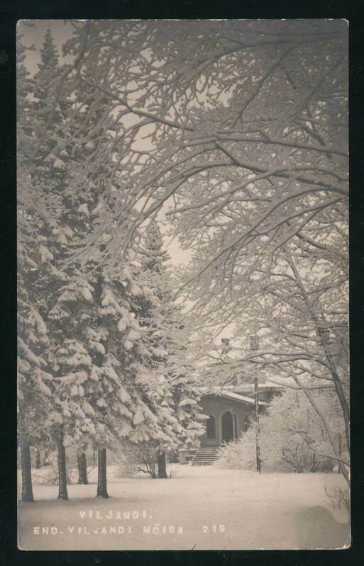 fotopostkaart, Viljandi, uus mõisahoone, park, talv, u 1925, foto J. Riet