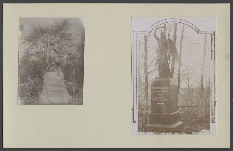 fotopostkaart, Viljandi, Vana kalmistu, A. Weizenbergi kujud "Naine ankruga" ja "Rahuingel", u 1915
