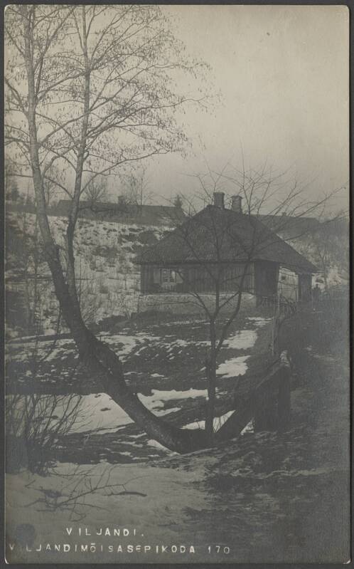 fotopostkaart, Viljandi mõis, sepikoda, talv u 1915, foto J. Riet