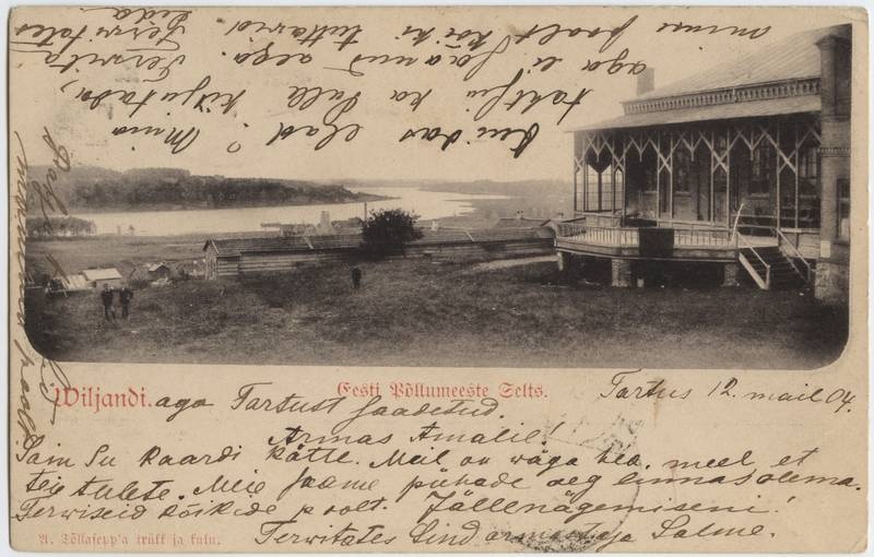 trükipostkaart, Viljandi, Jakobsoni tn 42, VEPS-i maja, veranda, järv, u 1903, trükk A. Tõllasepp
