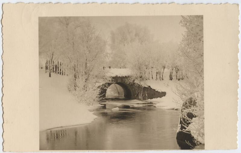 fotopostkaart, Viljandi, Uueveski oja, sild, talv, u 1920, foto J. Riet