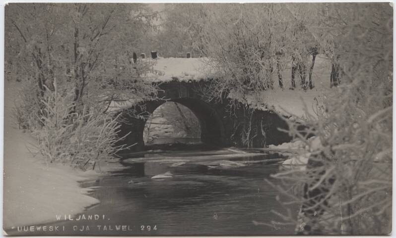 fotopostkaart, Viljandi, Uueveski oja, sild, talv, u 1920, foto J. Riet