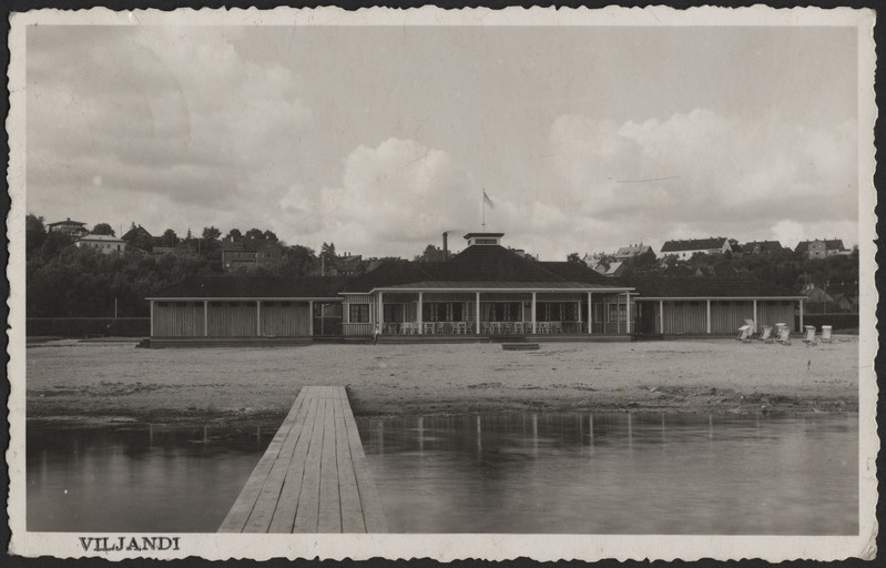 fotopostkaart, Viljandi, järv, sild, rannahoone-restoran, rannatoolid, u 1938