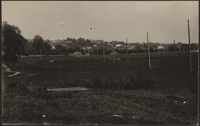 fotopostkaart, Viljandi, järveäärne heinamaa, elektriliin, elamud mäeveerul, u 1928
