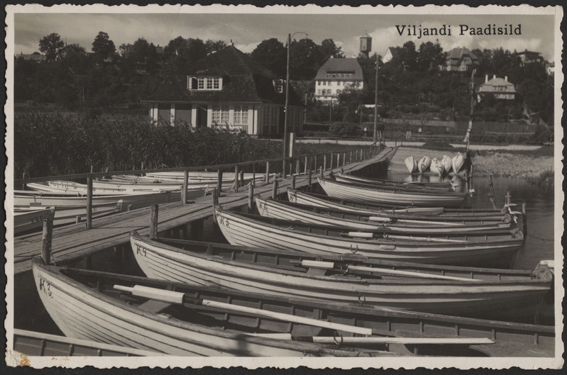 fotopostkaart, Viljandi, paadisild, spordiklubi, elamud mäeveerul, u 1935
