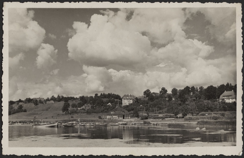 fotopostkaart, Viljandi, järv, paadisild 2 tk, spordiklubi, lossimäed, mäeveerul elamud, u 1935