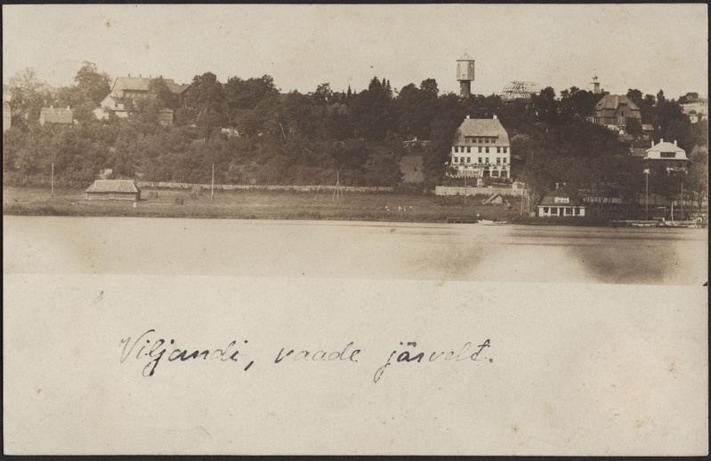 fotopostkaart, Viljandi, järv, heinamaa, mäeveerul elamud, u 1928