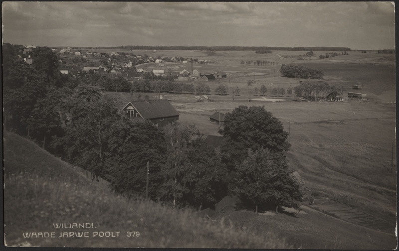 fotopostkaart, Viljandi, järveäärne heinamaa, Kivistiku linnaosa, Tartu mnt, u 1928, foto J. Riet