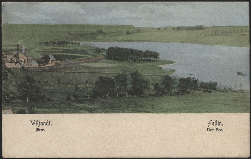 trükipostkaart, Viljandi, järveäärne piirkond, Mädalepik, auruveski, Vesiflirdi pst, järv, Viiratsi mägi, koloreeritud, u 1905