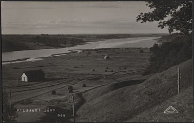 fotopostkaart, Viljandi, järveäärne heinamaa, rõugud, küünid, järv, vastaskallas, u 1920, foto J. Riet  duplicate photo