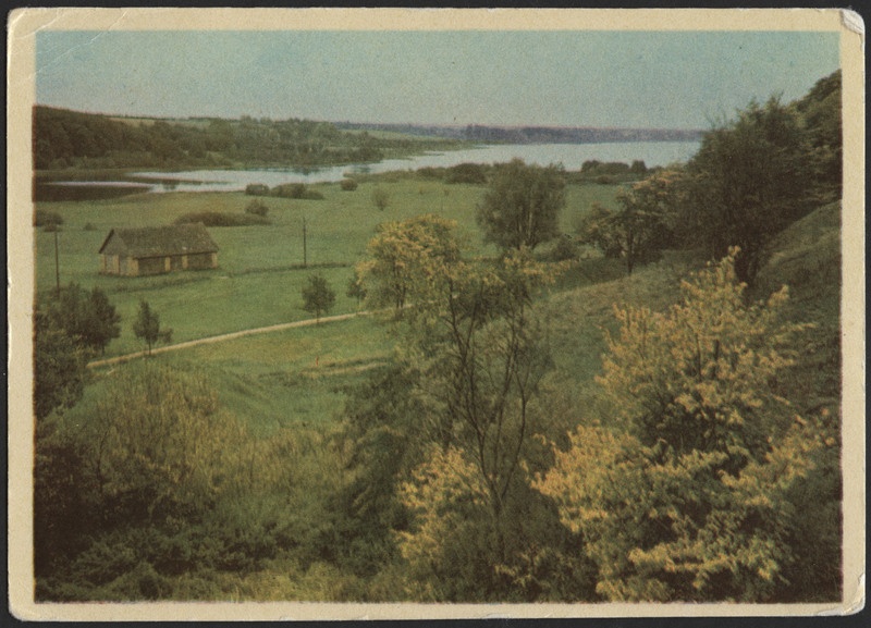 fotopostkaart, Viljandi, järveäärne heinamaa, küün, järv, vastaskallas, värviline, 1969, foto R. Maran, kirjastus Kunst