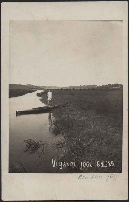 fotopostkaart, Viljandimaa, Raudna jõgi, süst, mees, Viljandi järv, linn, 06.07.1925