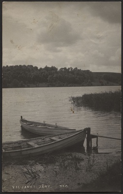 fotopostkaart, Viljandi, järv, väike paadisadam Mädalepiku all, roostik, vastaskallas, u 1915, foto J. Riet  duplicate photo