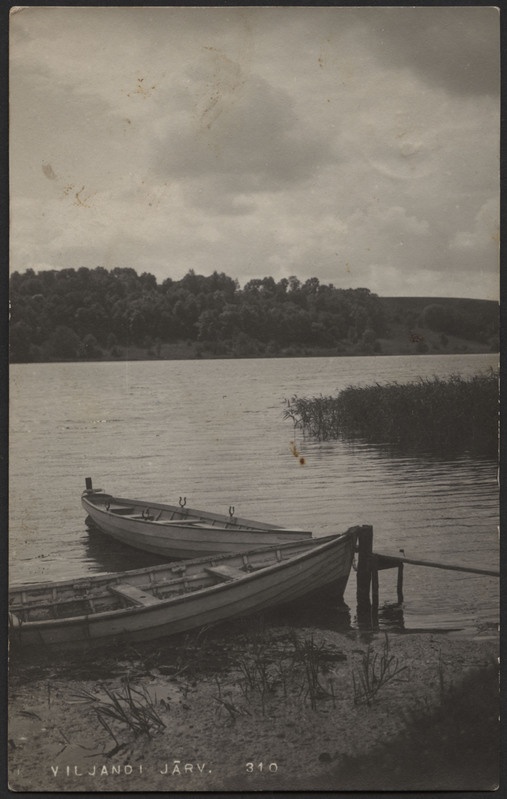 fotopostkaart, Viljandi, järv, väike paadisadam Mädalepiku all, roostik, vastaskallas, u 1915, foto J. Riet