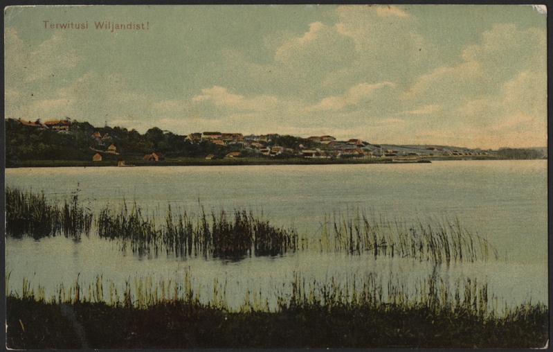 trükipostkaart, Viljandi, roostik, järv, linna majad mäeveerul, koloreeritud, u 1909, H. Leokese kirjastus